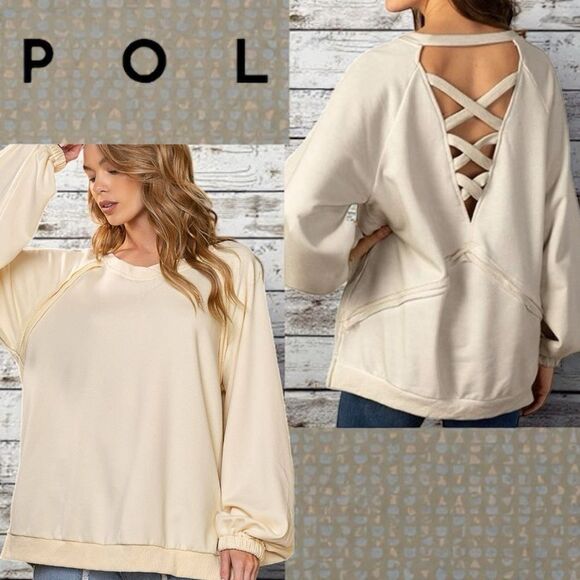 POL Beige Open Back Cross Strap Balloon Sleeve Sweatshirt Large NEW - Picture 2 of 12
